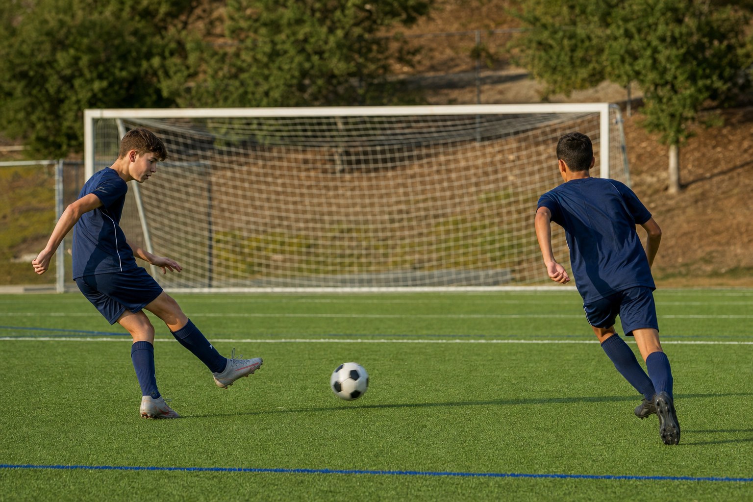 Two young soccer players practicing a passing combination in front of goal