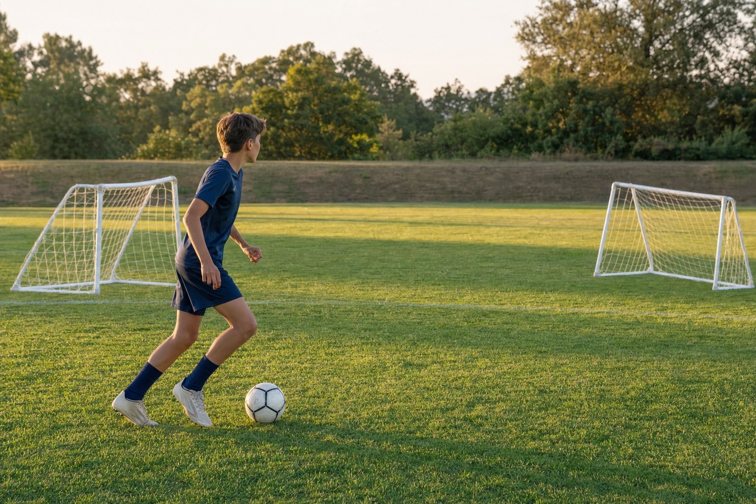 Young soccer player looking between two small goals during a shooting decision drill