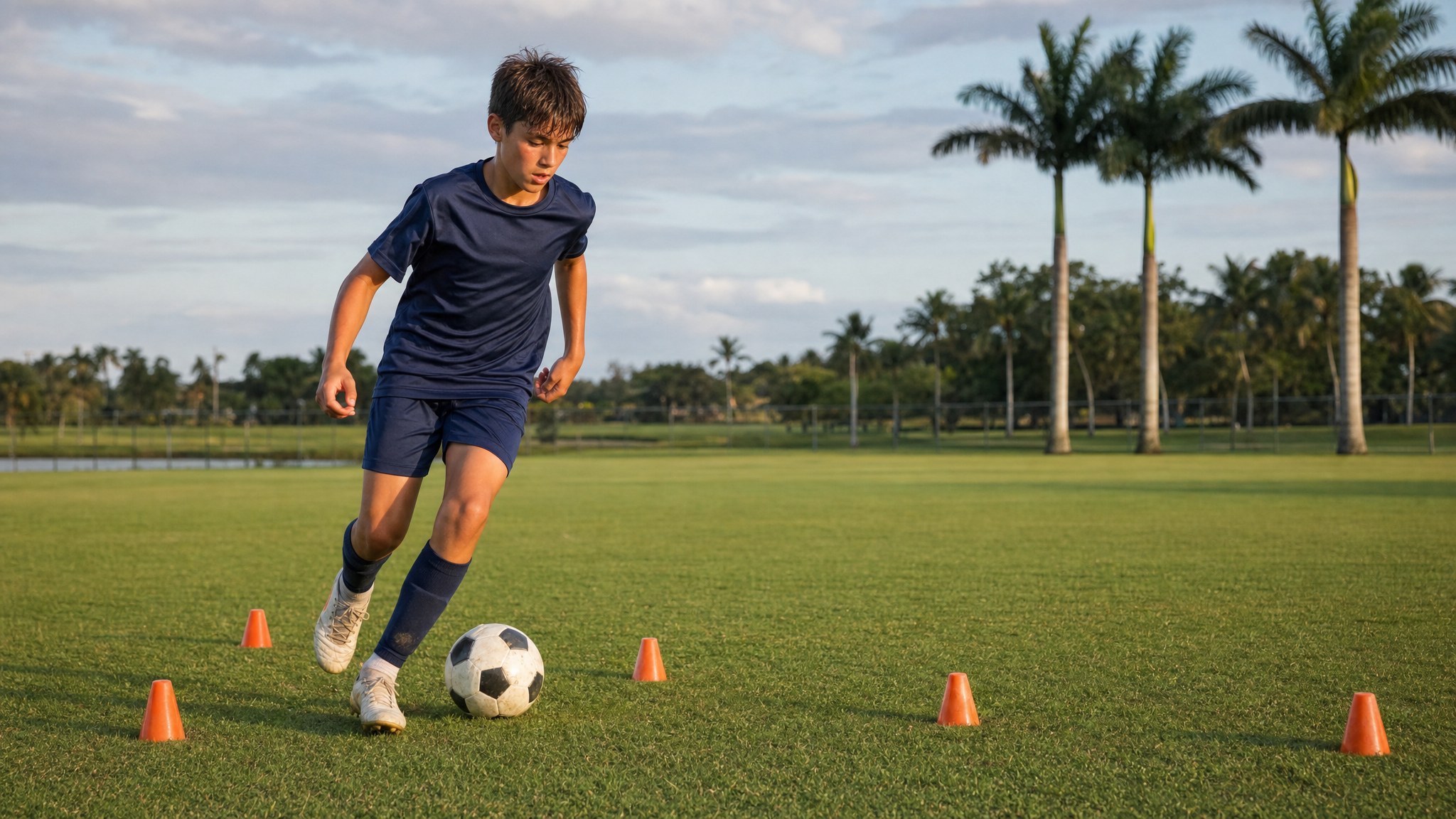 Young soccer player practicing close ball control around cones on a Florida field
