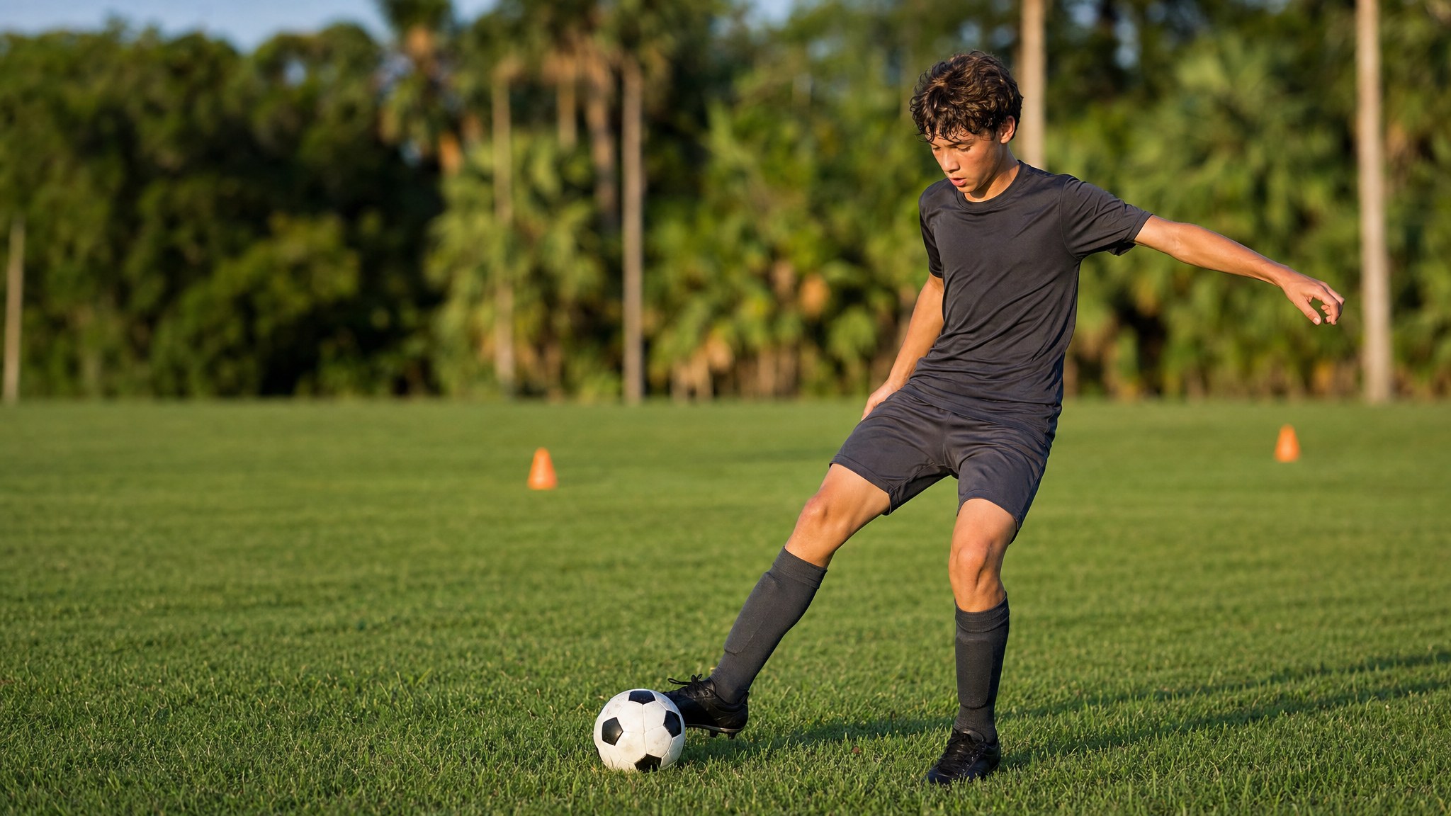 Young soccer player receiving a ball on a Florida training field
