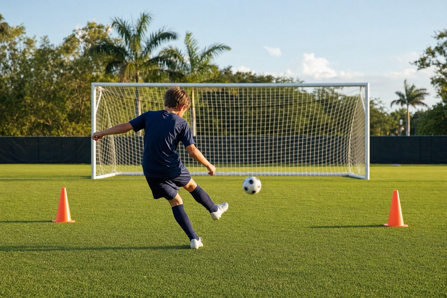 Young soccer player striking a ball toward goal during a finishing practice