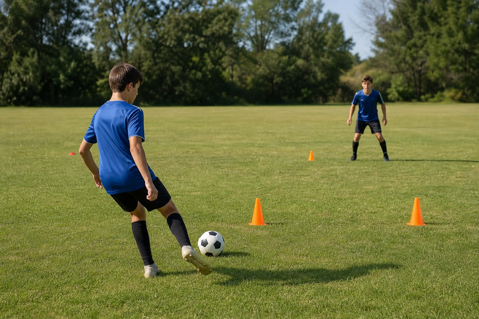 Young soccer player practicing a ground pass through a cone gate
