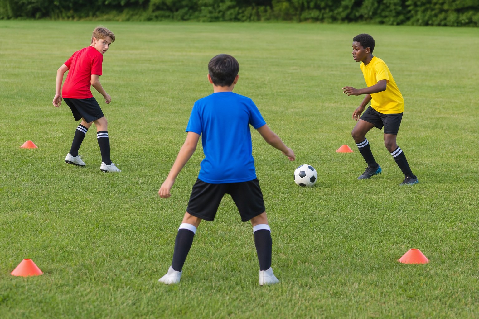 Three young soccer players practicing passing decisions in a small-sided game