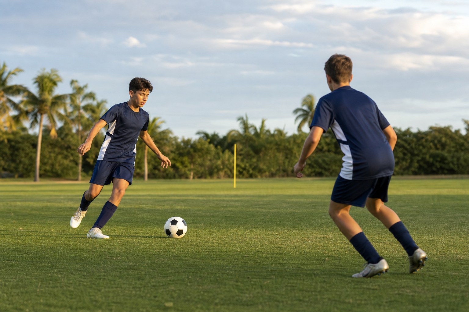 Two young soccer players preparing to complete a pass on a Florida training field