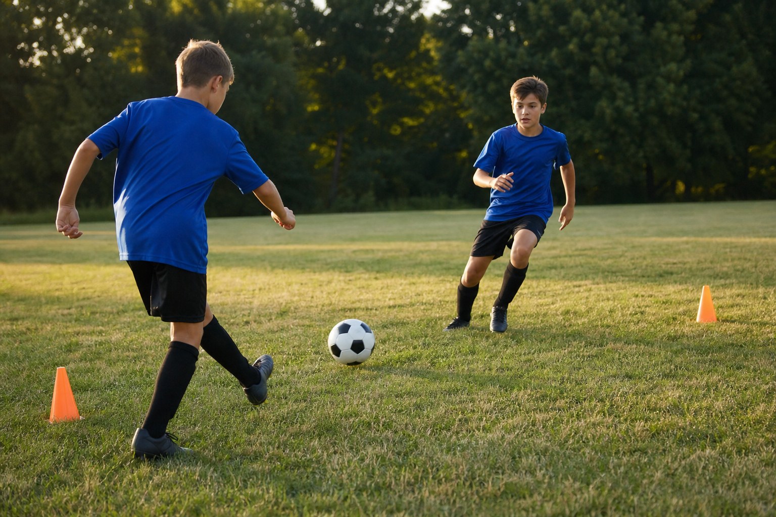 Two young soccer players practicing a pass-and-move combination