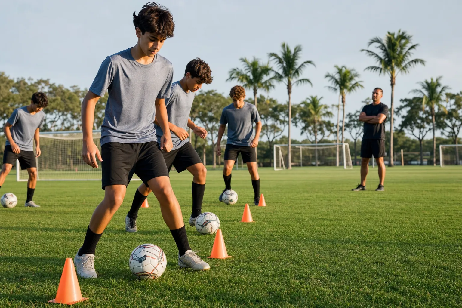 Young soccer players practicing technical footwork during a training session