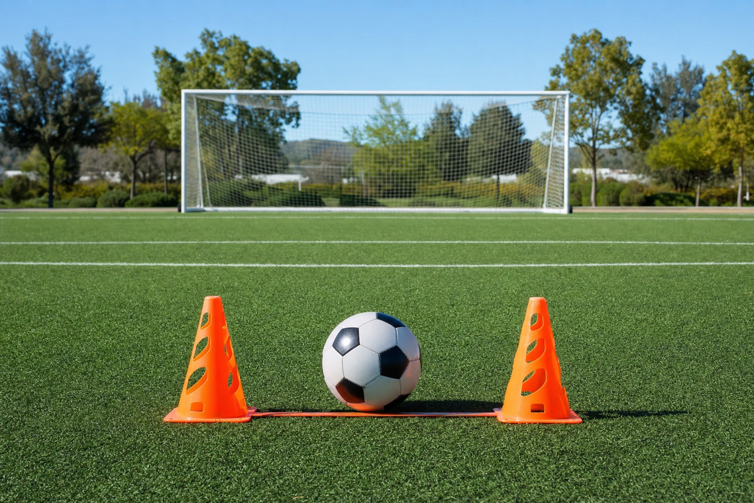 Soccer ball between two cone markers on a training field