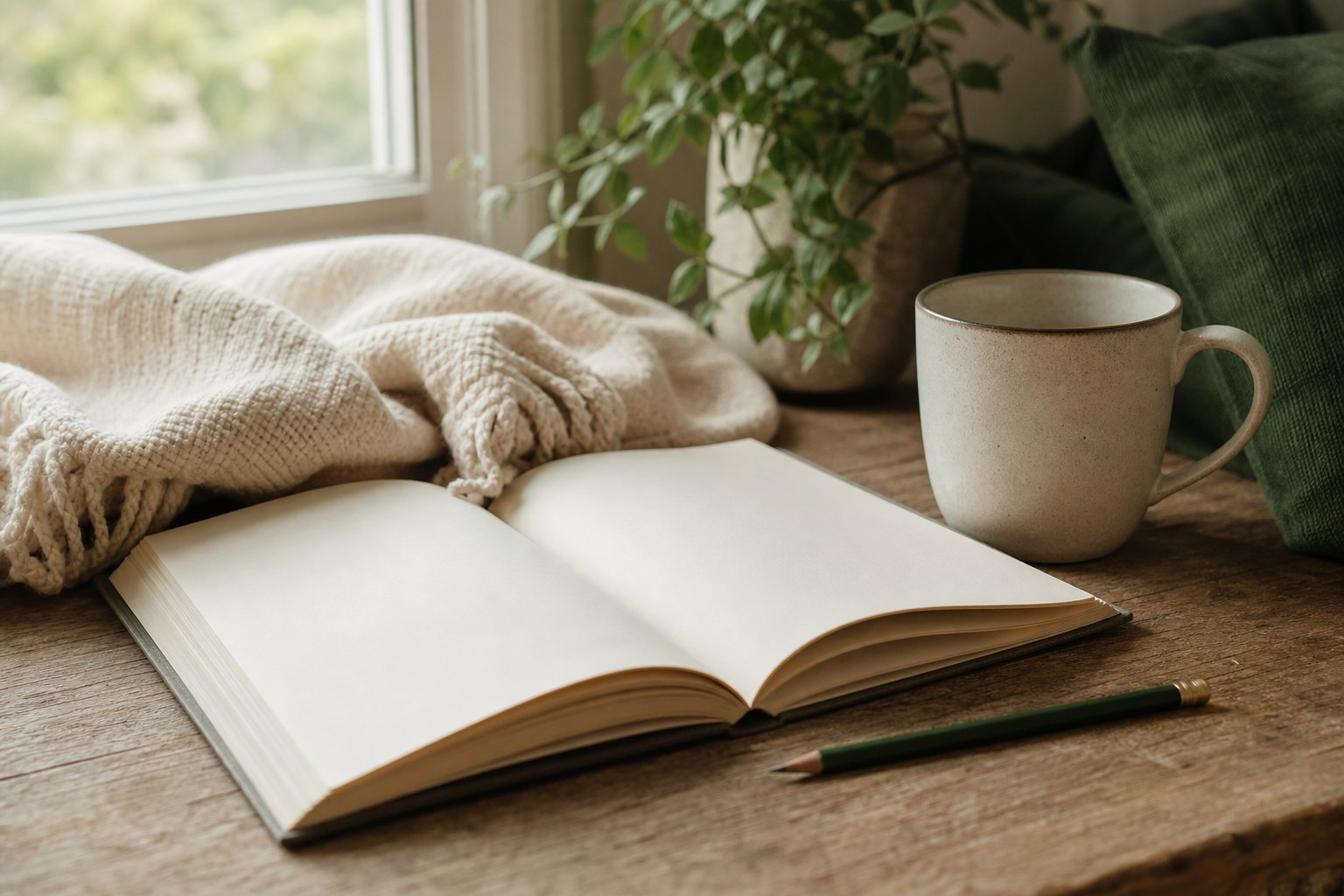 Open journal and mug in a quiet room