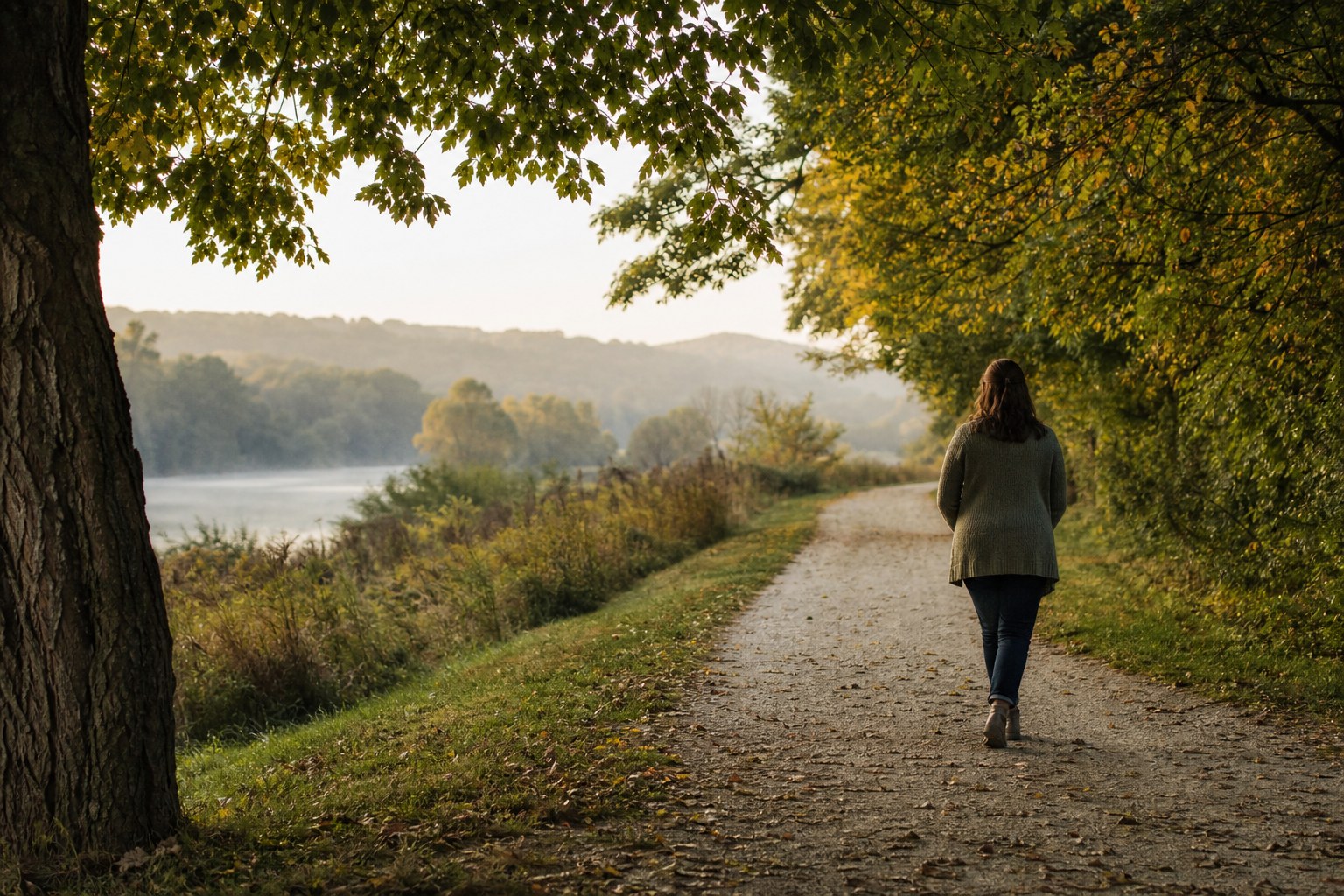 Woman walking on a quiet tree-lined path