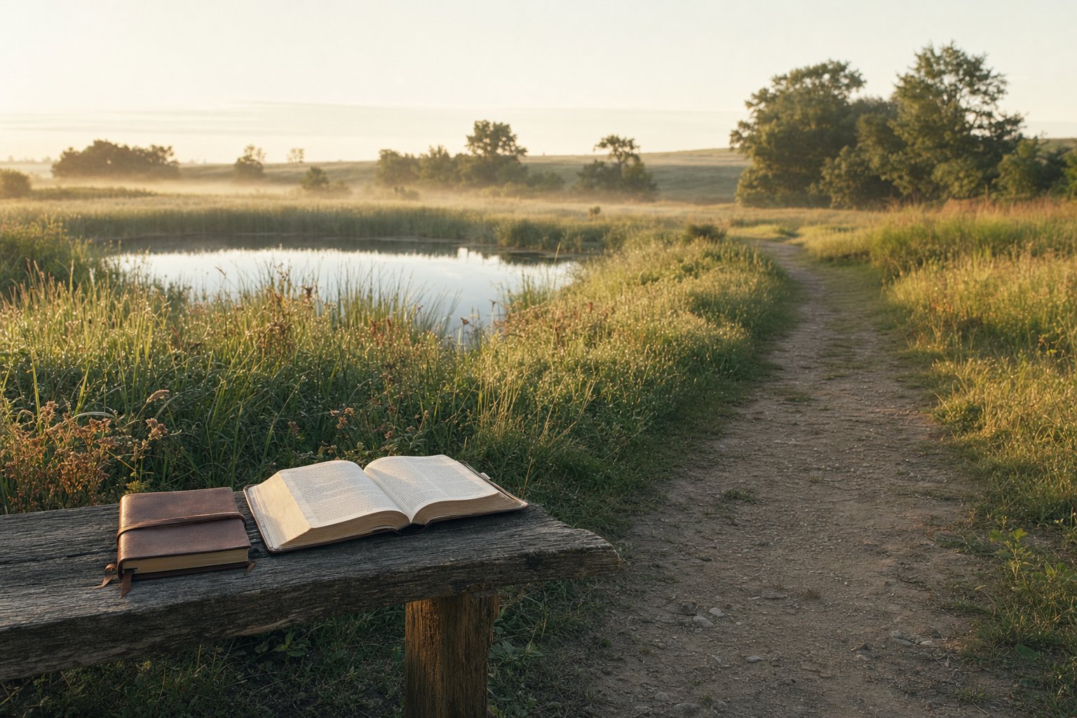 Open Bible and journal beside a quiet prairie path