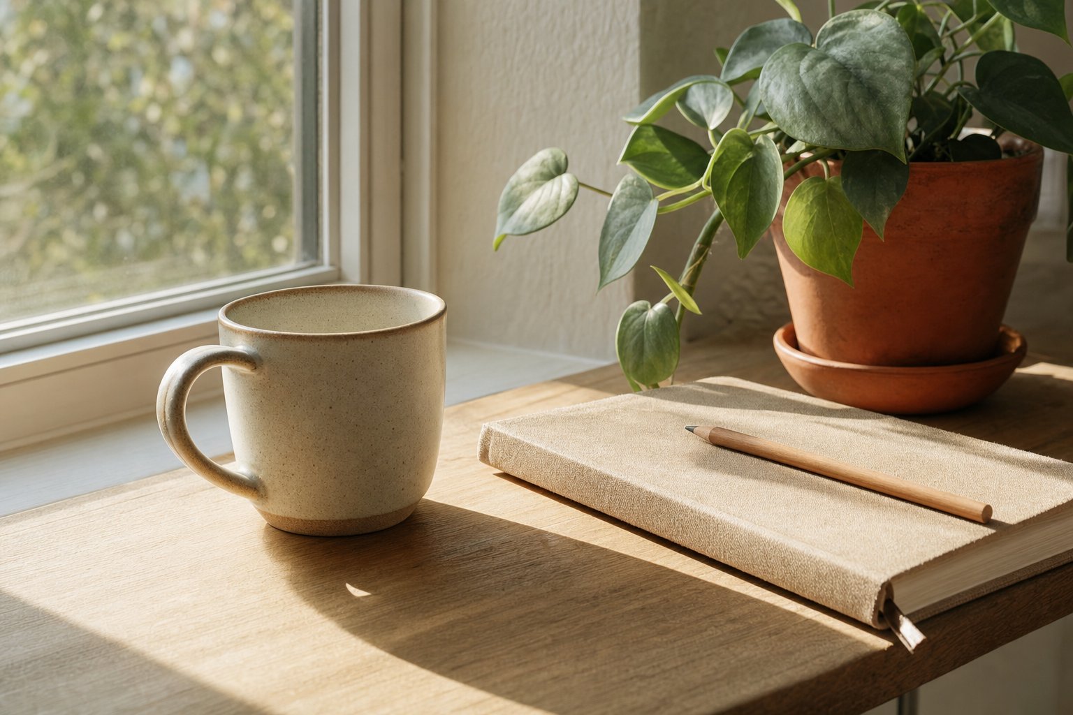 Ceramic mug, journal, pencil, and plant in morning window light
