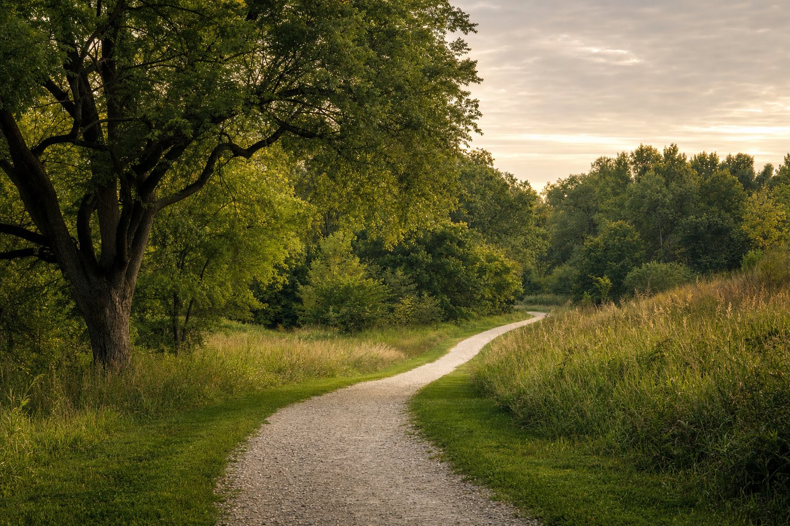 Quiet curved walking path through a green Midwestern park