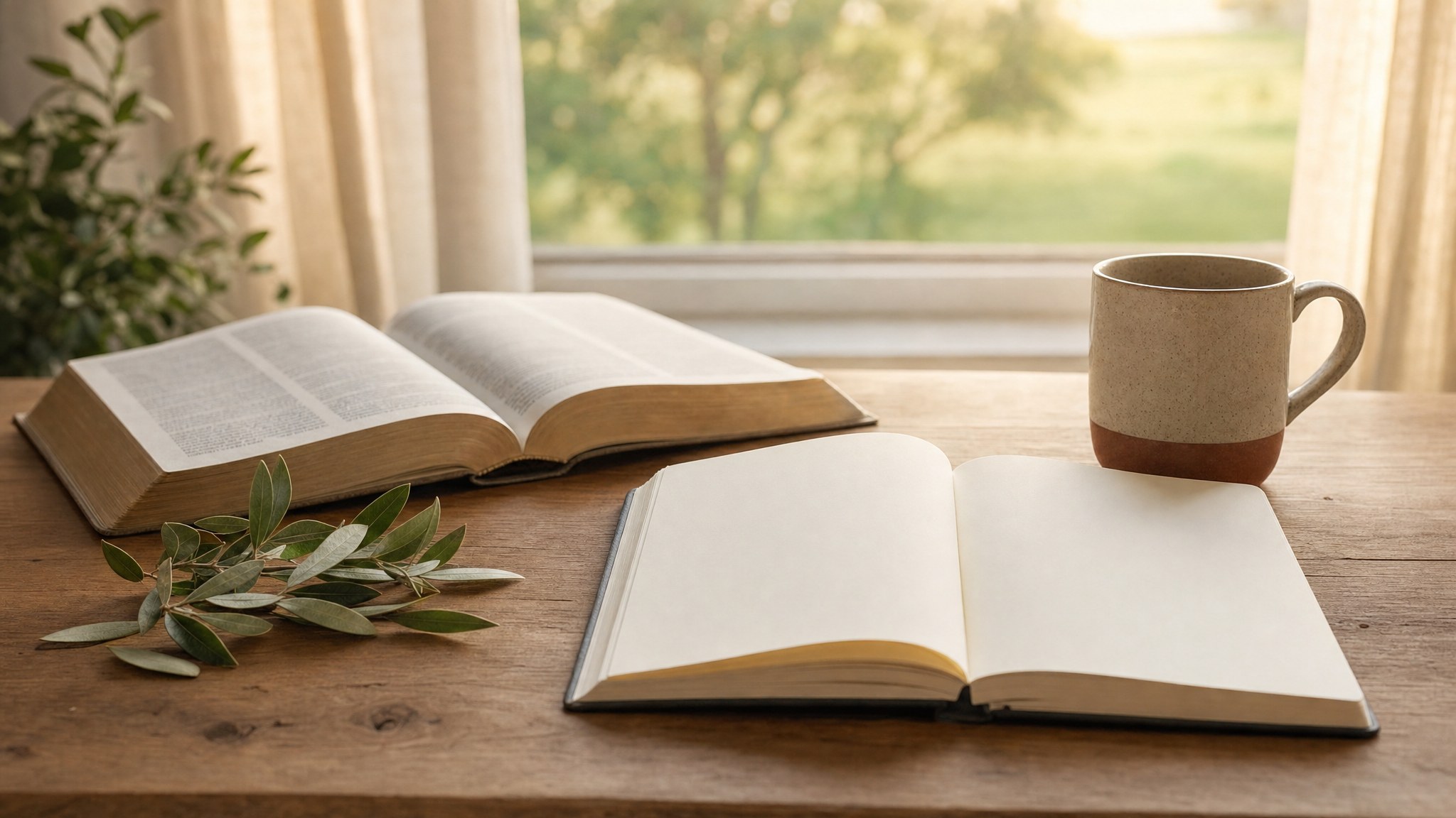 Open Bible, journal, and ceramic mug in warm morning light