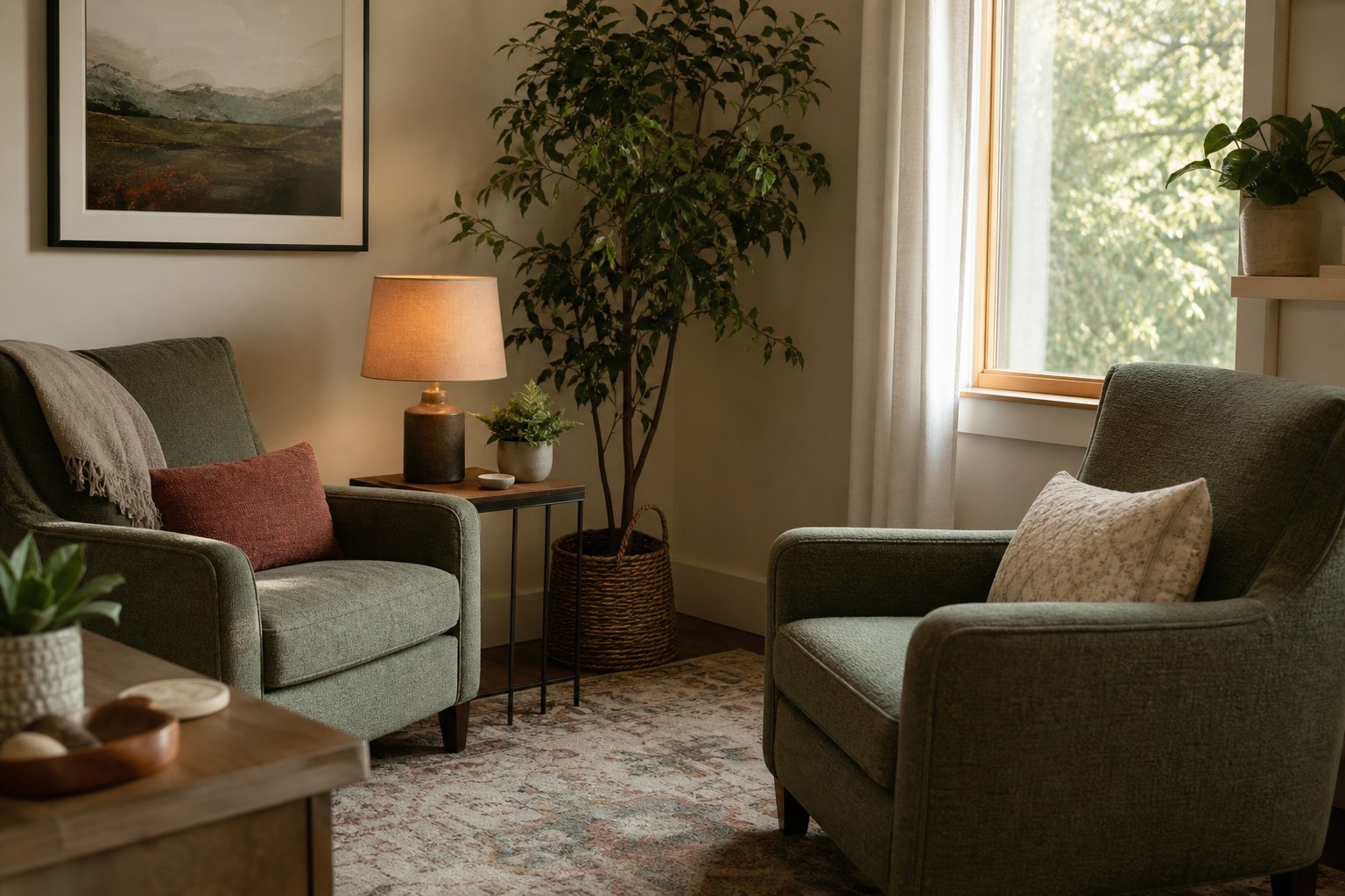 Warm counseling room with two chairs ready for conversation