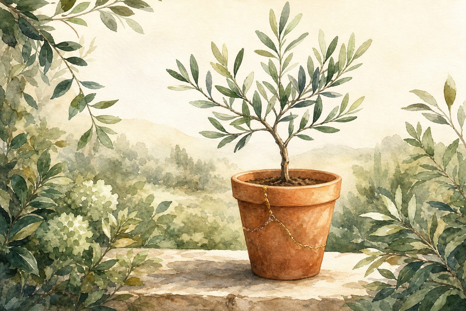 Watercolor illustration of a flourishing sapling in a repaired terracotta pot