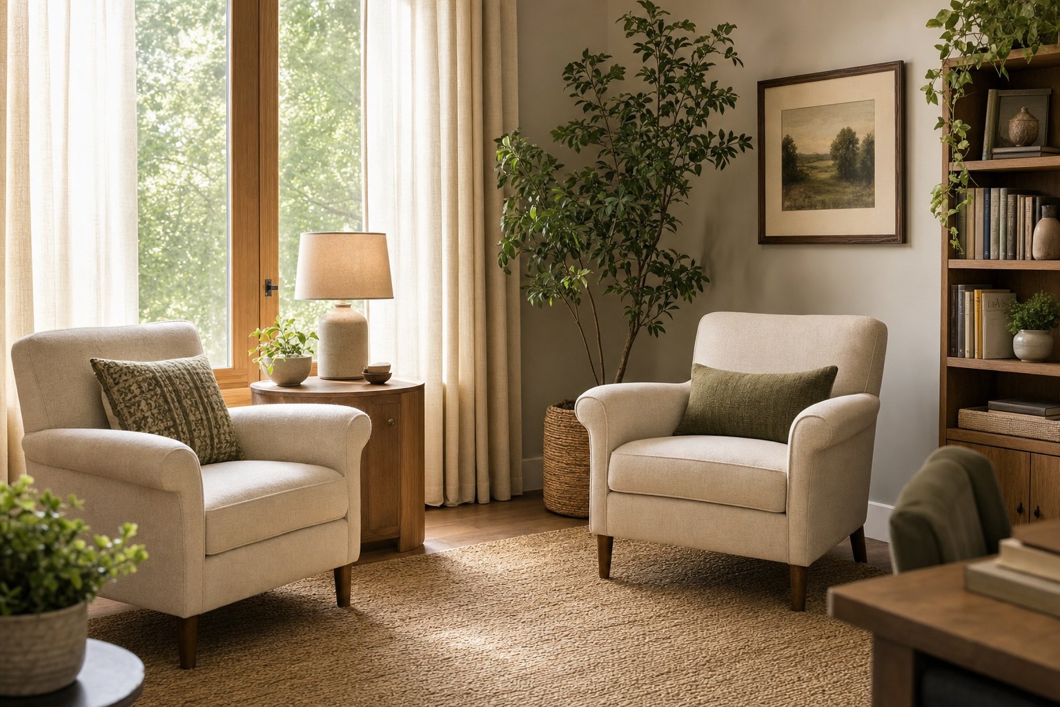 Warm counseling room with two chairs ready for conversation