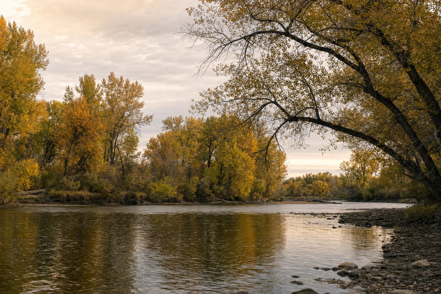 Quiet riverbank surrounded by autumn trees