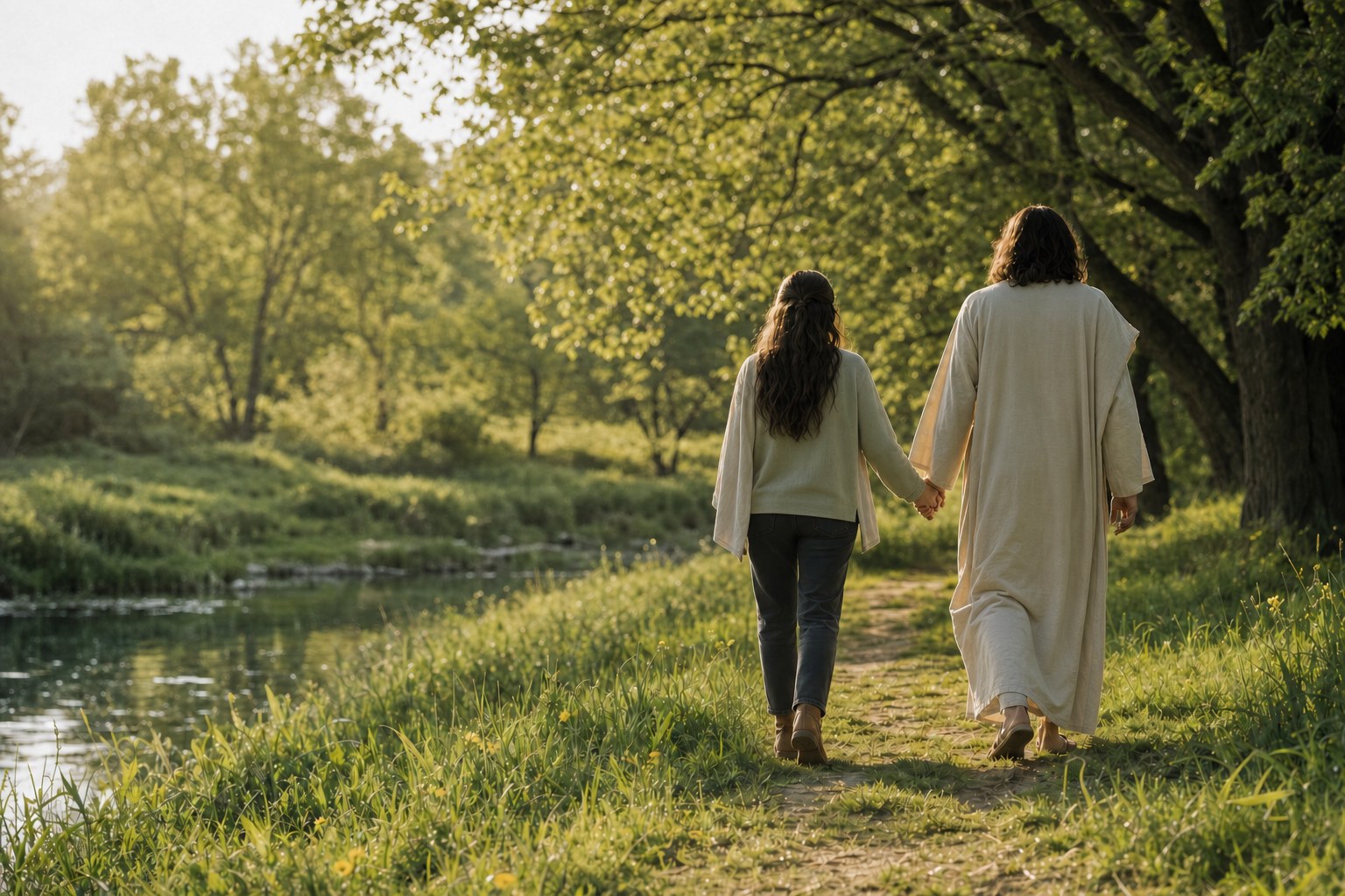 Jesus walking beside a woman through a green meadow