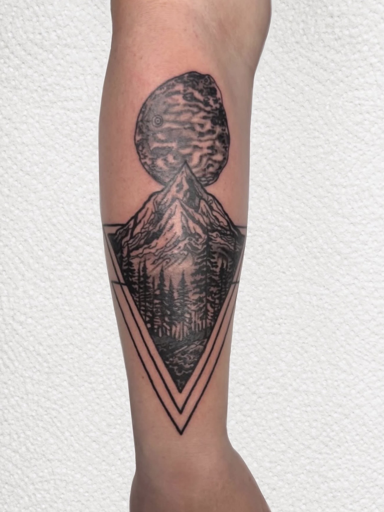 Original mountain tattoo by Trent Stone