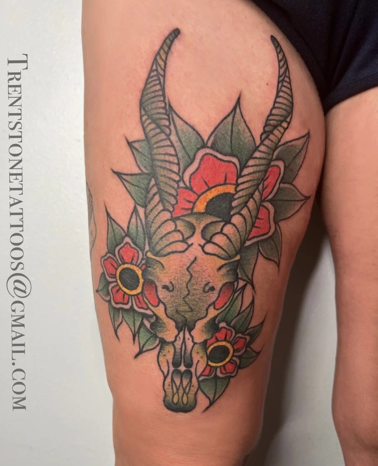 Color bull skull tattoo by Trent Stone