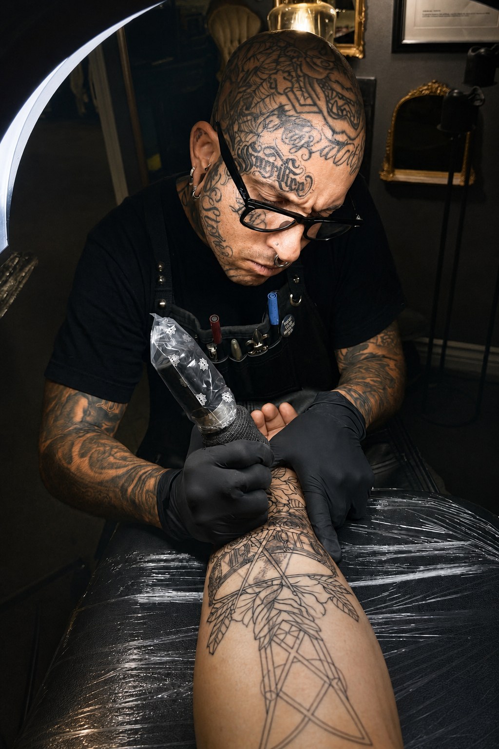 Trent Stone tattooing a client in his studio