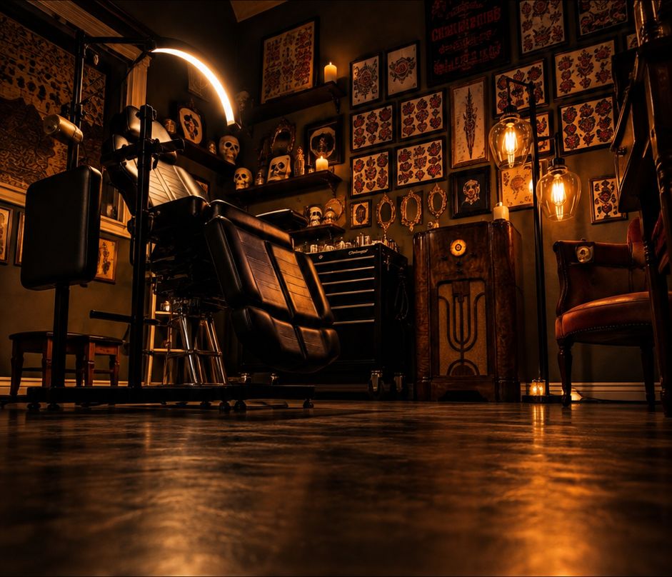 Tattoo chair and framed artwork inside Behind the Coffin Tattoos