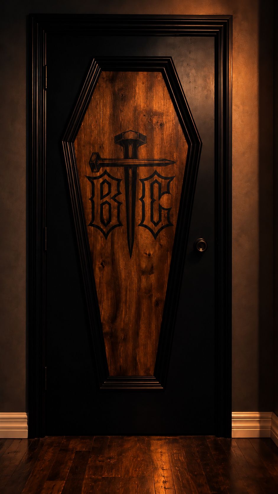 Coffin-shaped studio door with the Behind the Coffin monogram