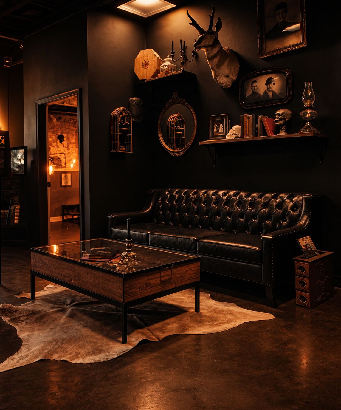Leather sofa and warm lighting in the private studio lounge