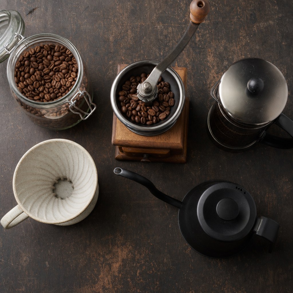 Coffee brewing tools arranged on a dark table