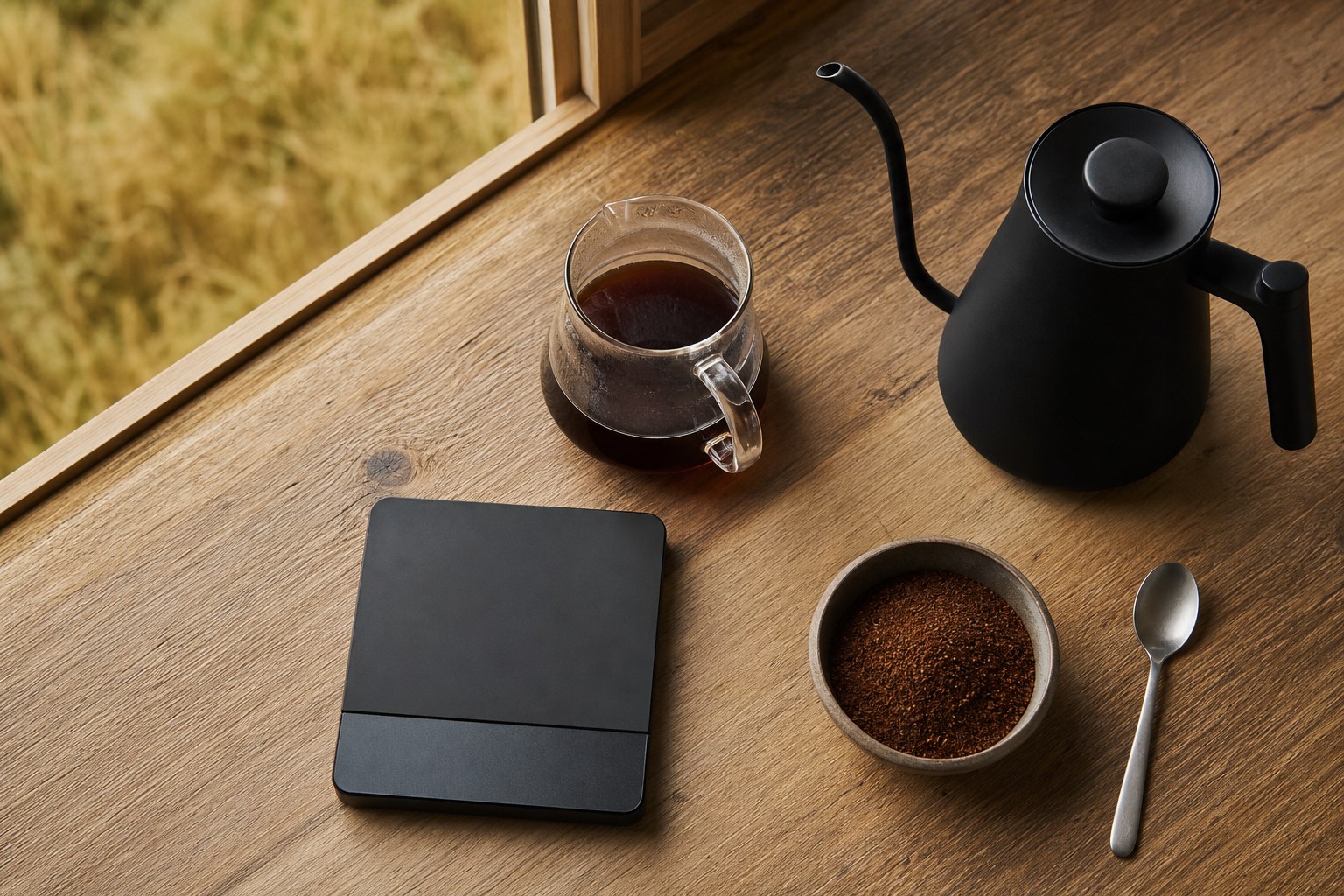 Coffee scale, fresh grounds, kettle, and brewed coffee on a wooden table