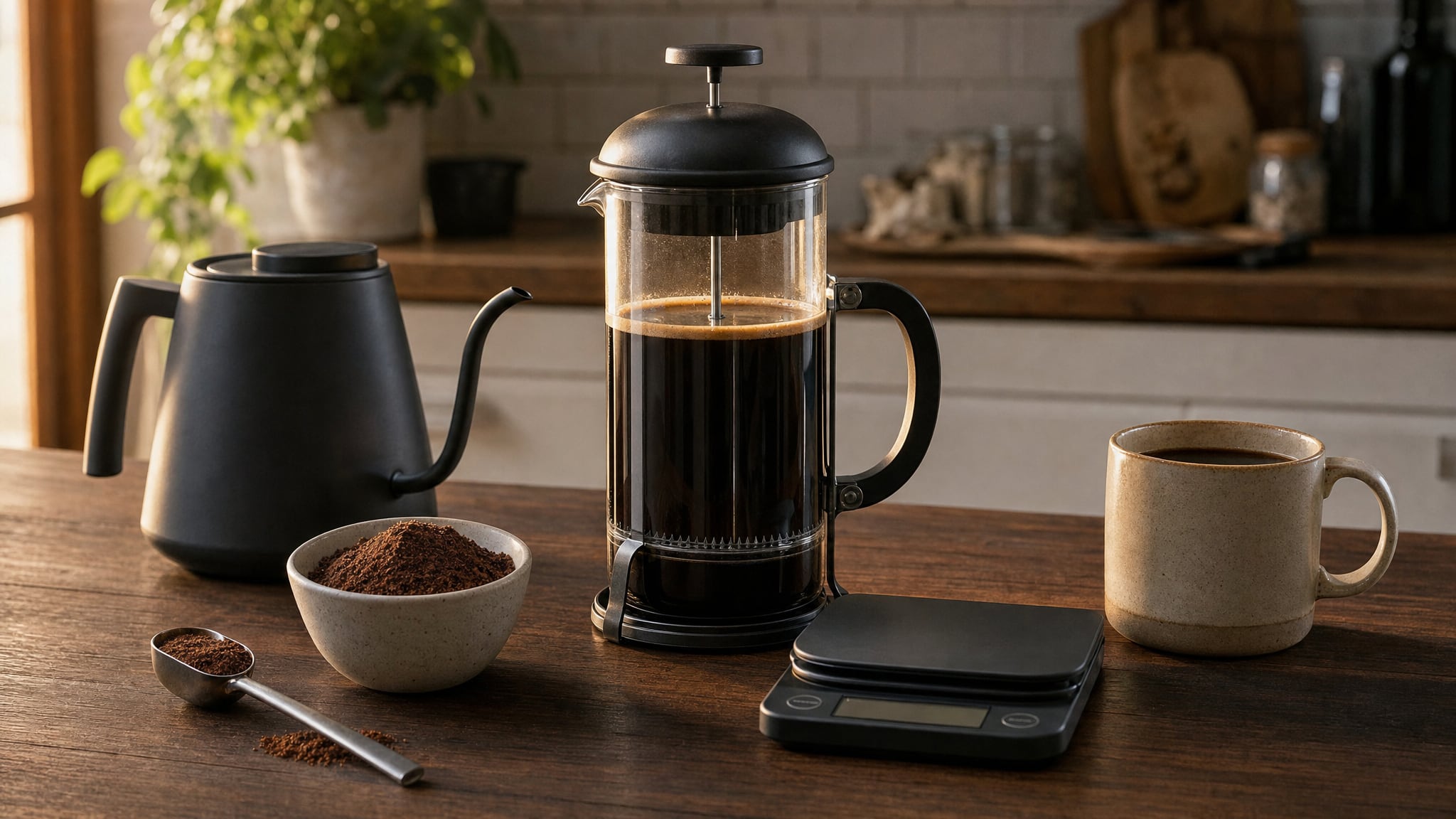 French press, kettle, coffee scale, fresh grounds, and brewed coffee on a wooden table