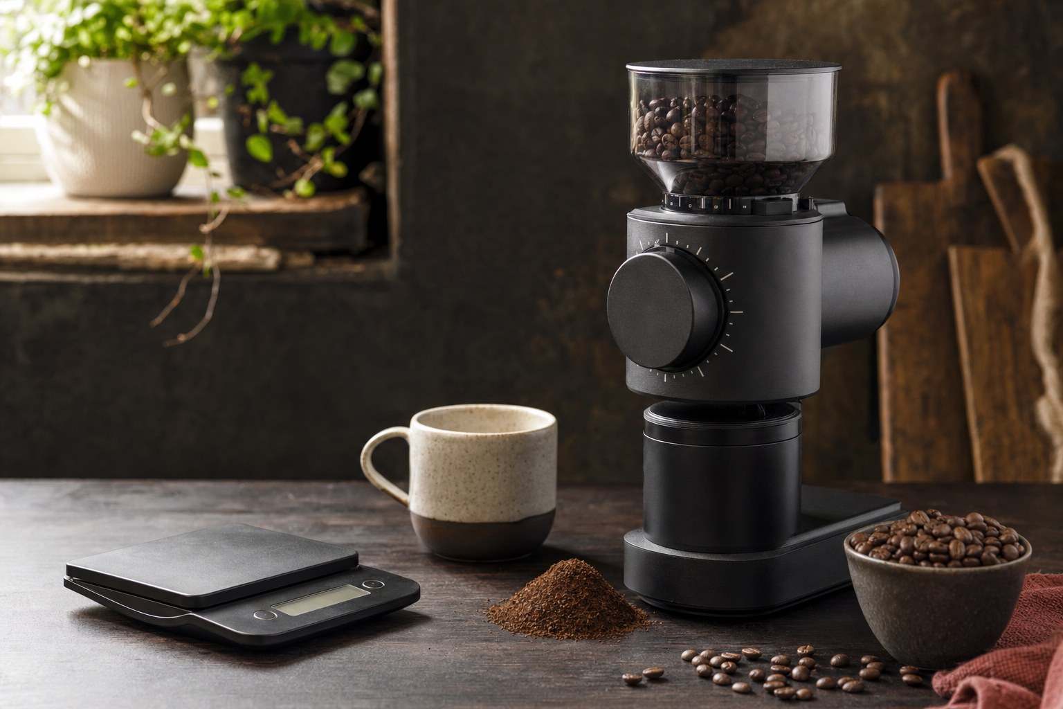 Burr coffee grinder, scale, whole beans, and brewed coffee on a kitchen counter