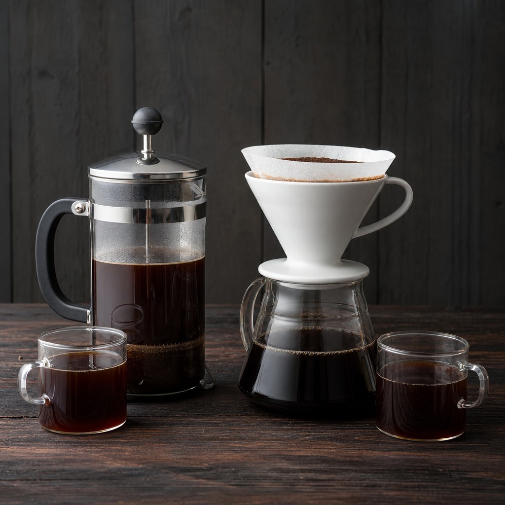 French press and pour-over coffee makers with brewed coffee