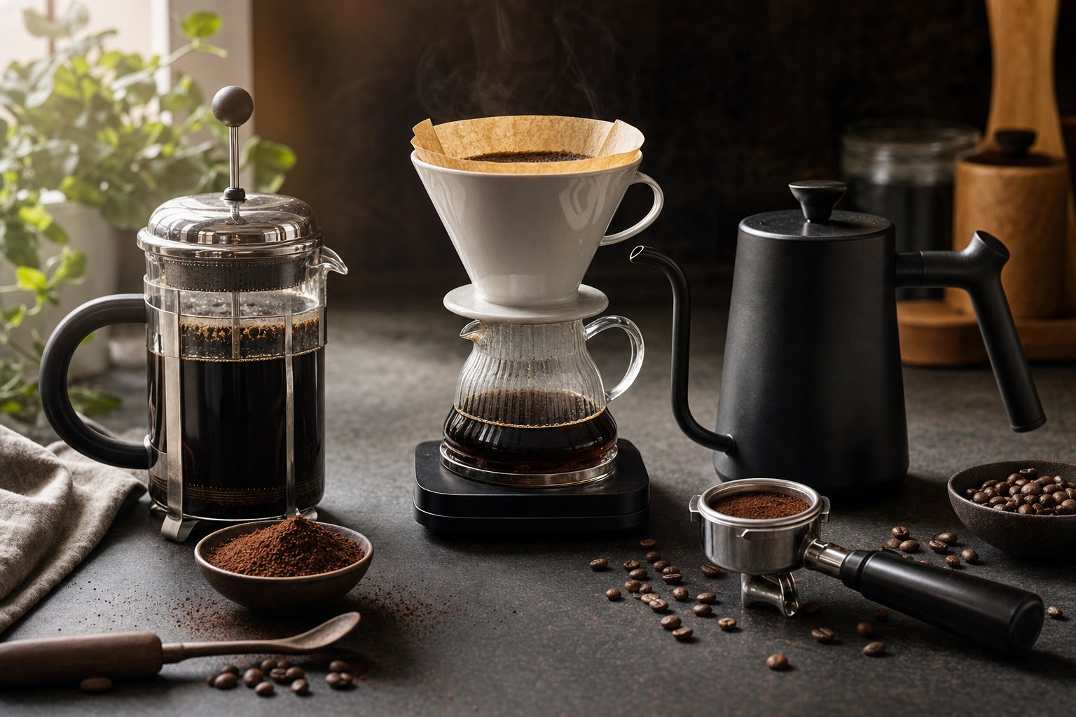 French press, pour-over brewer, kettle, and espresso portafilter arranged on a counter