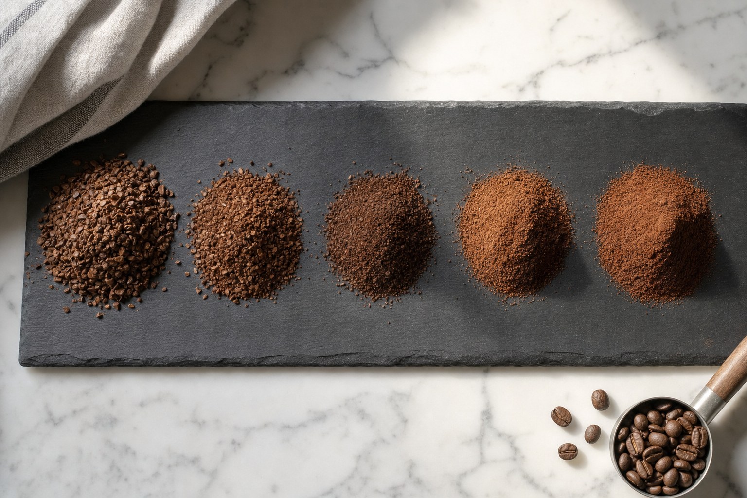 Five piles of coffee grounds showing a progression from coarse to fine