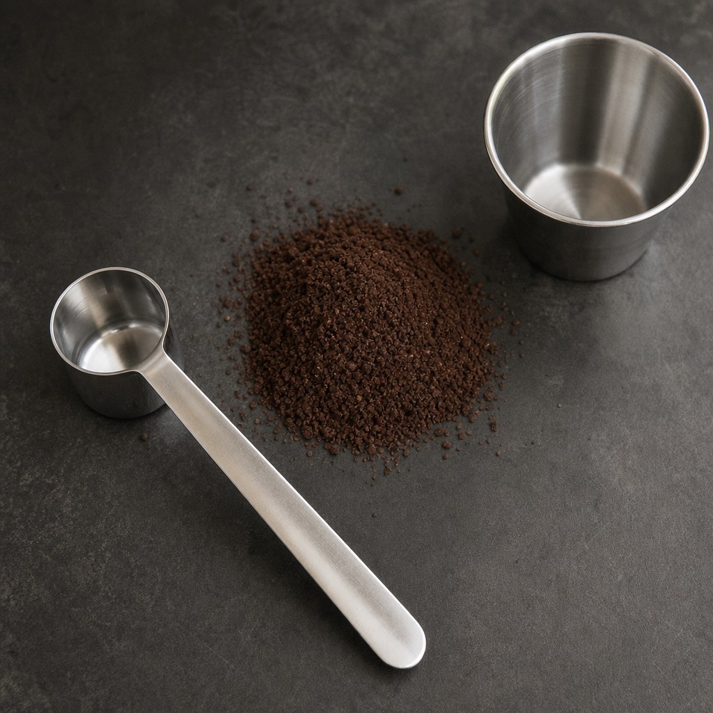 Coffee scoop, fresh grounds, and measuring cup