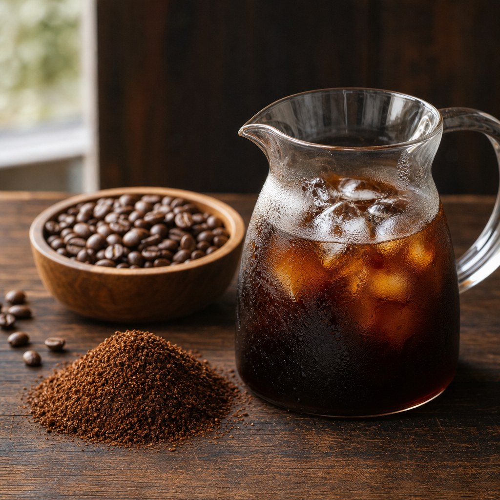 Iced cold brew coffee with beans and fresh grounds