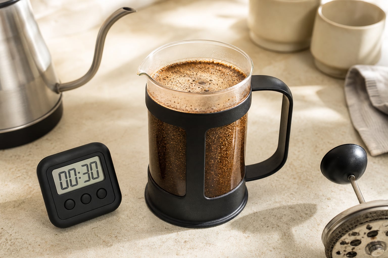 French press coffee grounds blooming in hot water beside a kettle and timer