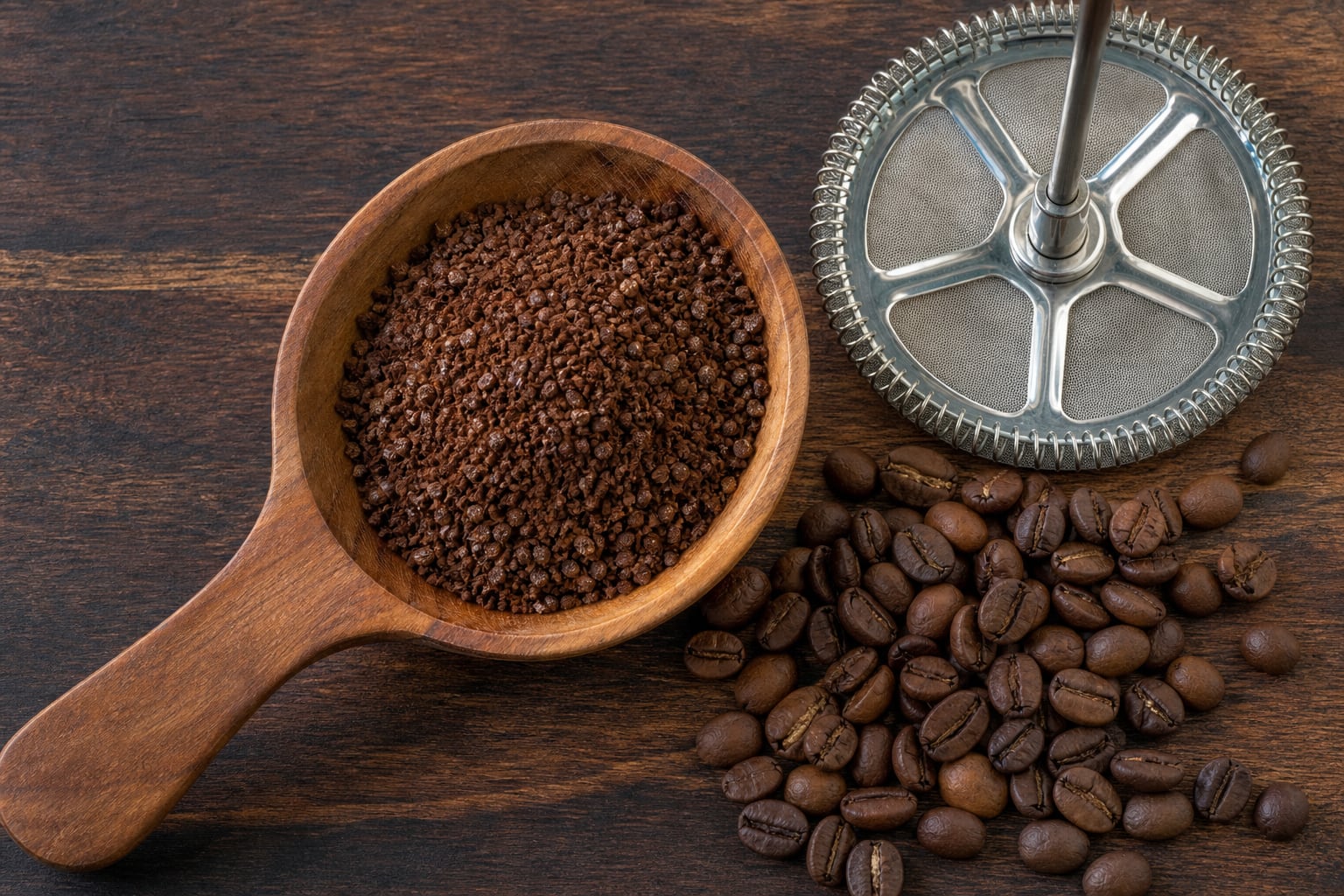 Coarse coffee grounds, whole beans, and a French press filter on a wooden surface