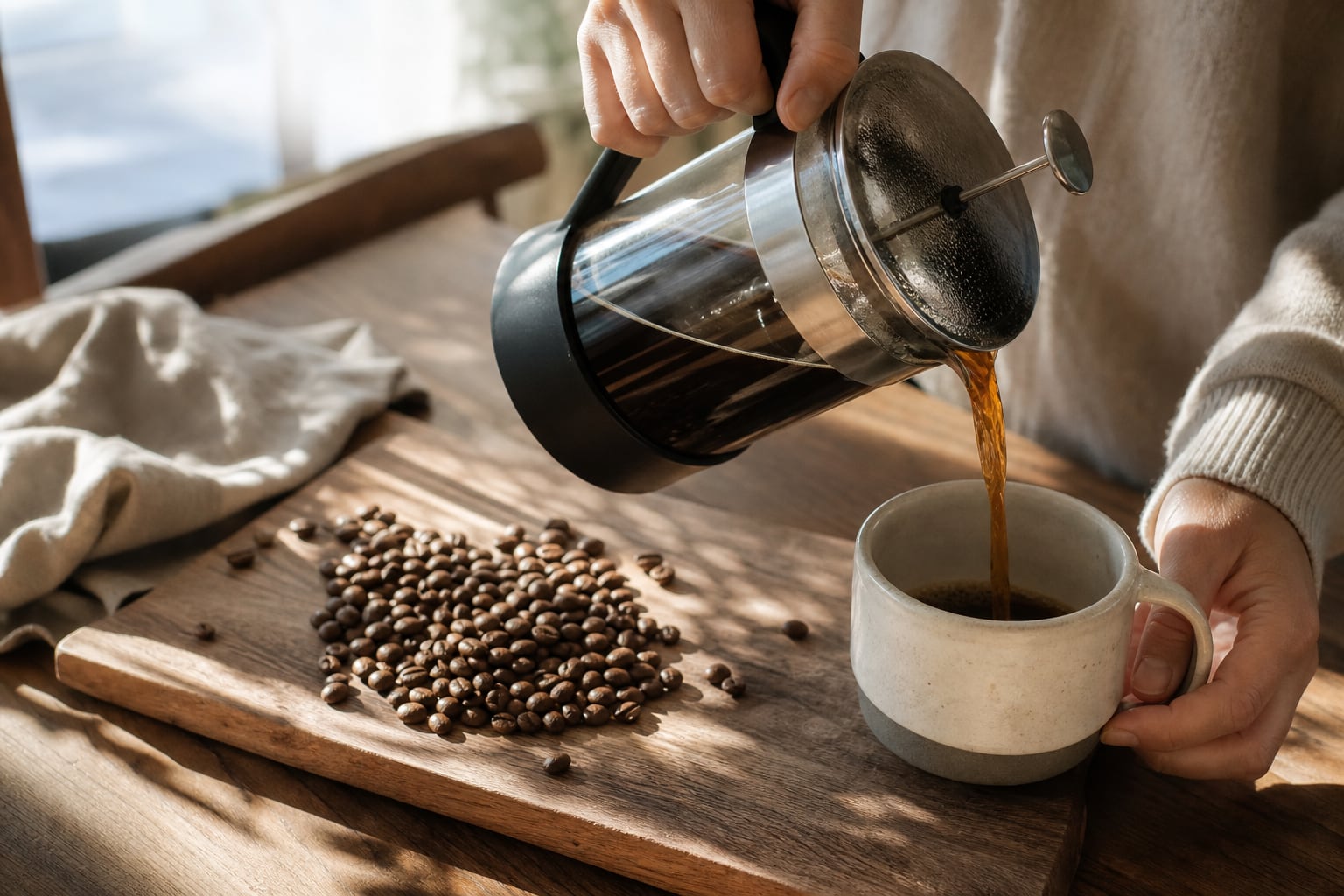 Fresh French press coffee being poured into a ceramic mug beside whole coffee beans