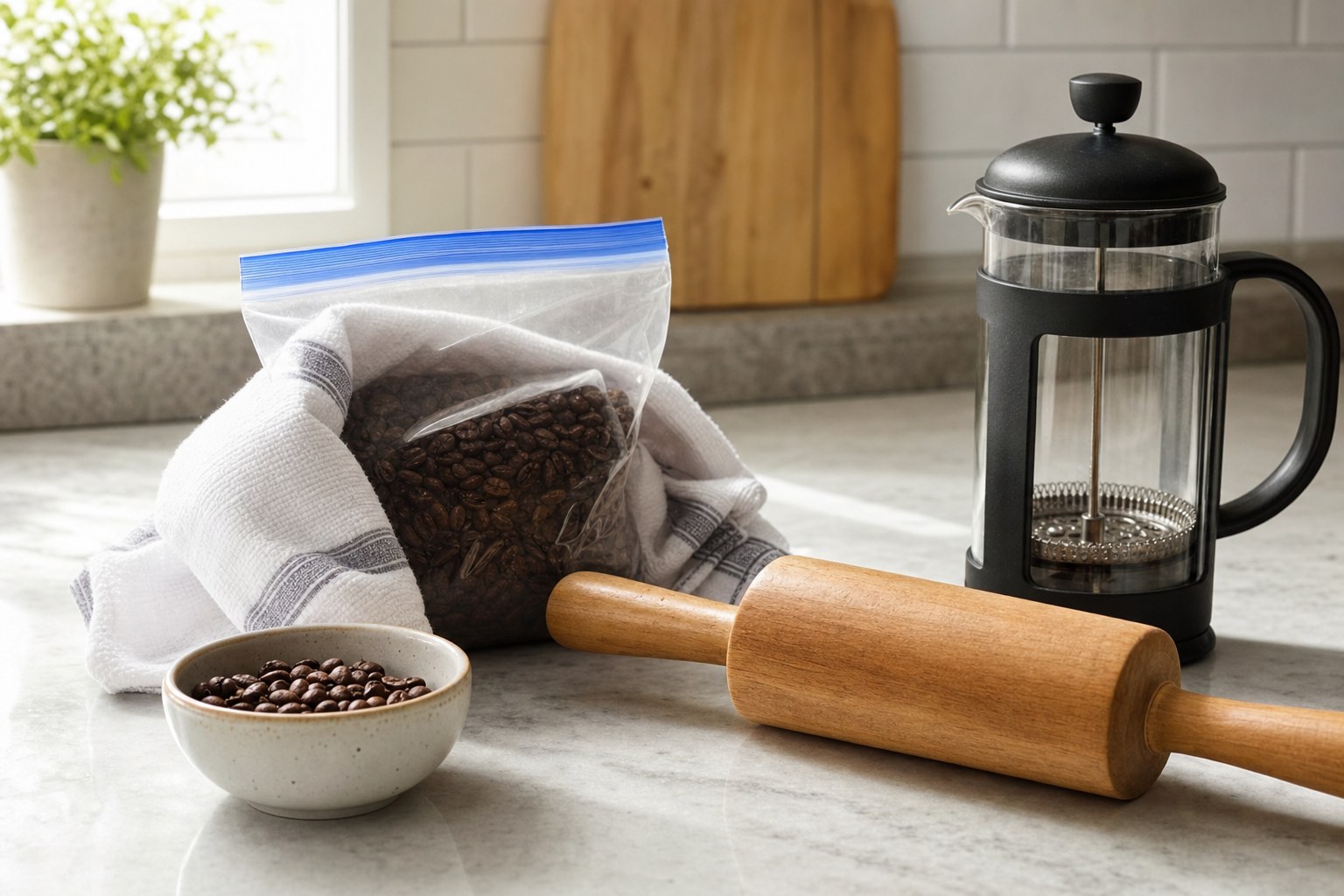 Whole coffee beans in a sealed bag with a towel, rolling pin, and French press