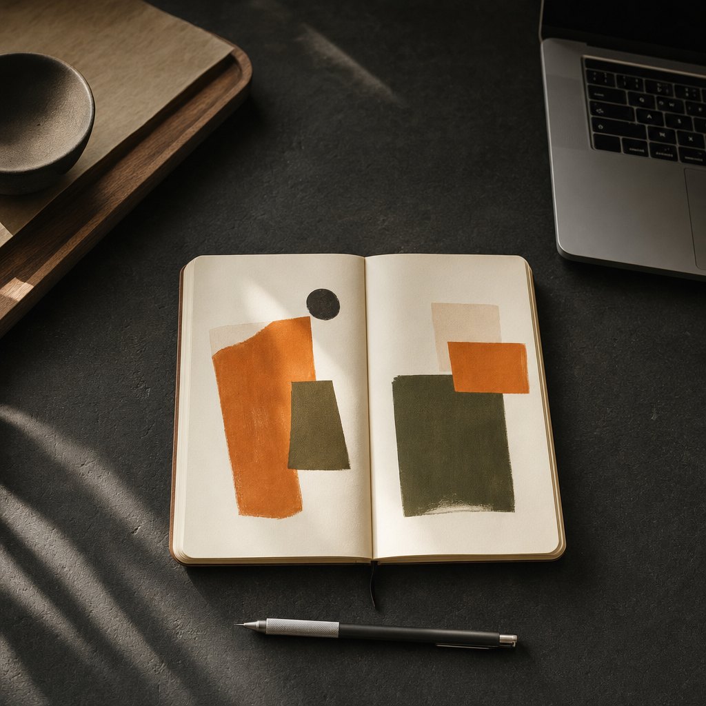 Open notebook and pencil arranged on a dark work desk