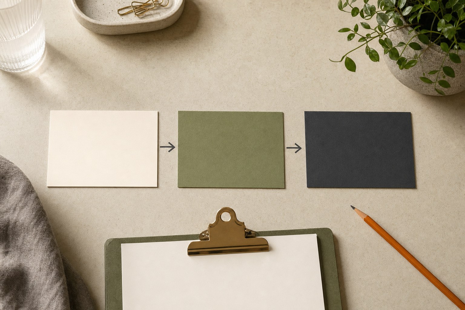 Three blank cards and a clipboard arranged as a simple work sequence