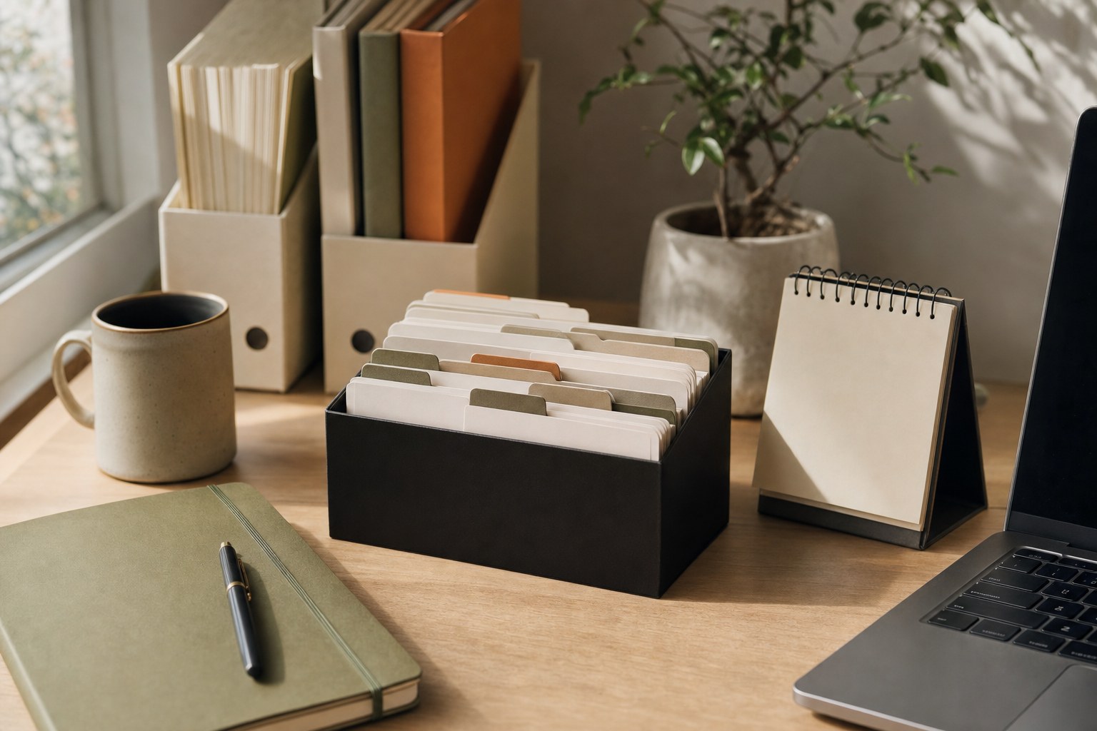 Organized prompt cards, notebooks, and a desk calendar on a work desk