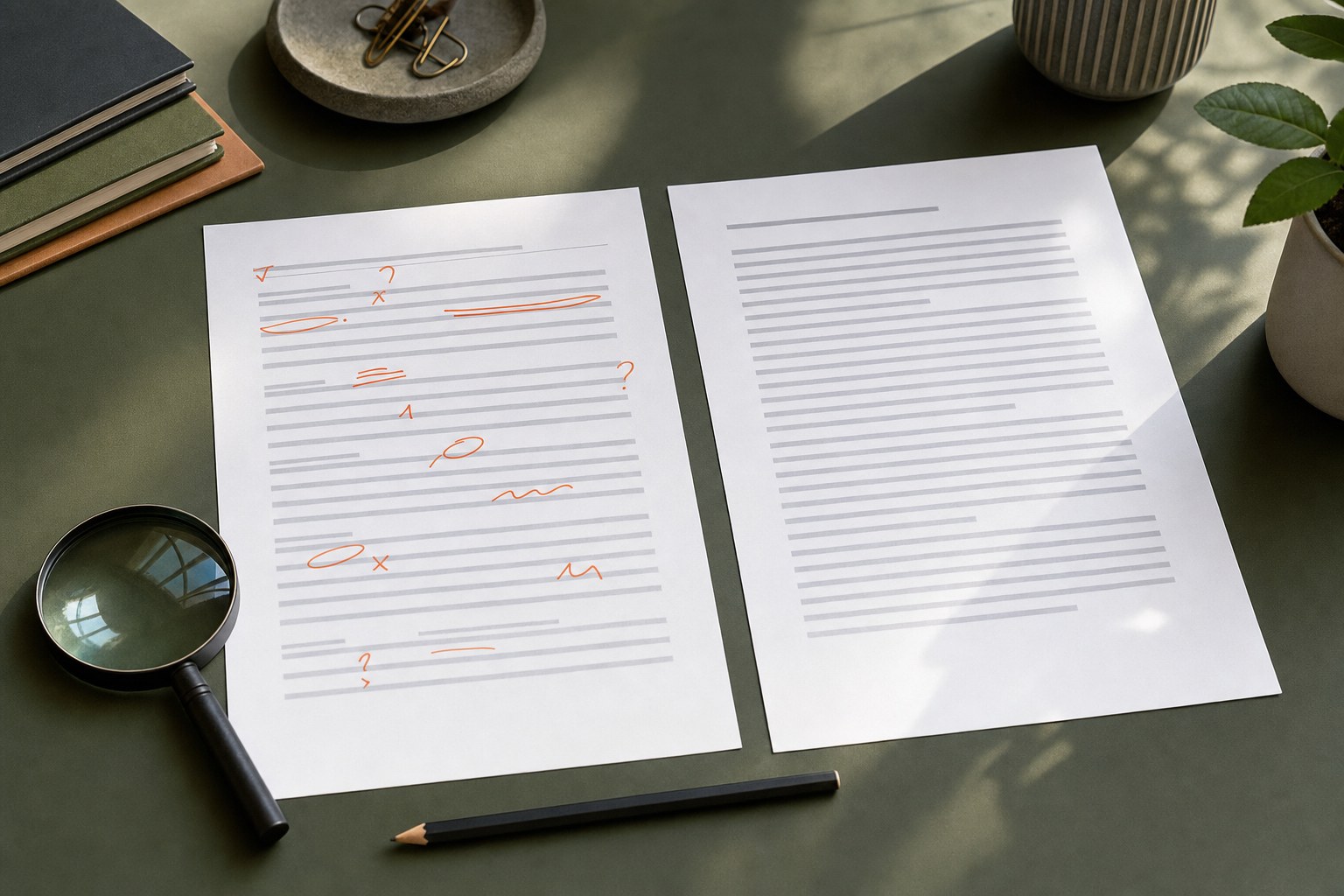 Two draft pages, one marked for revision and one clean for comparison
