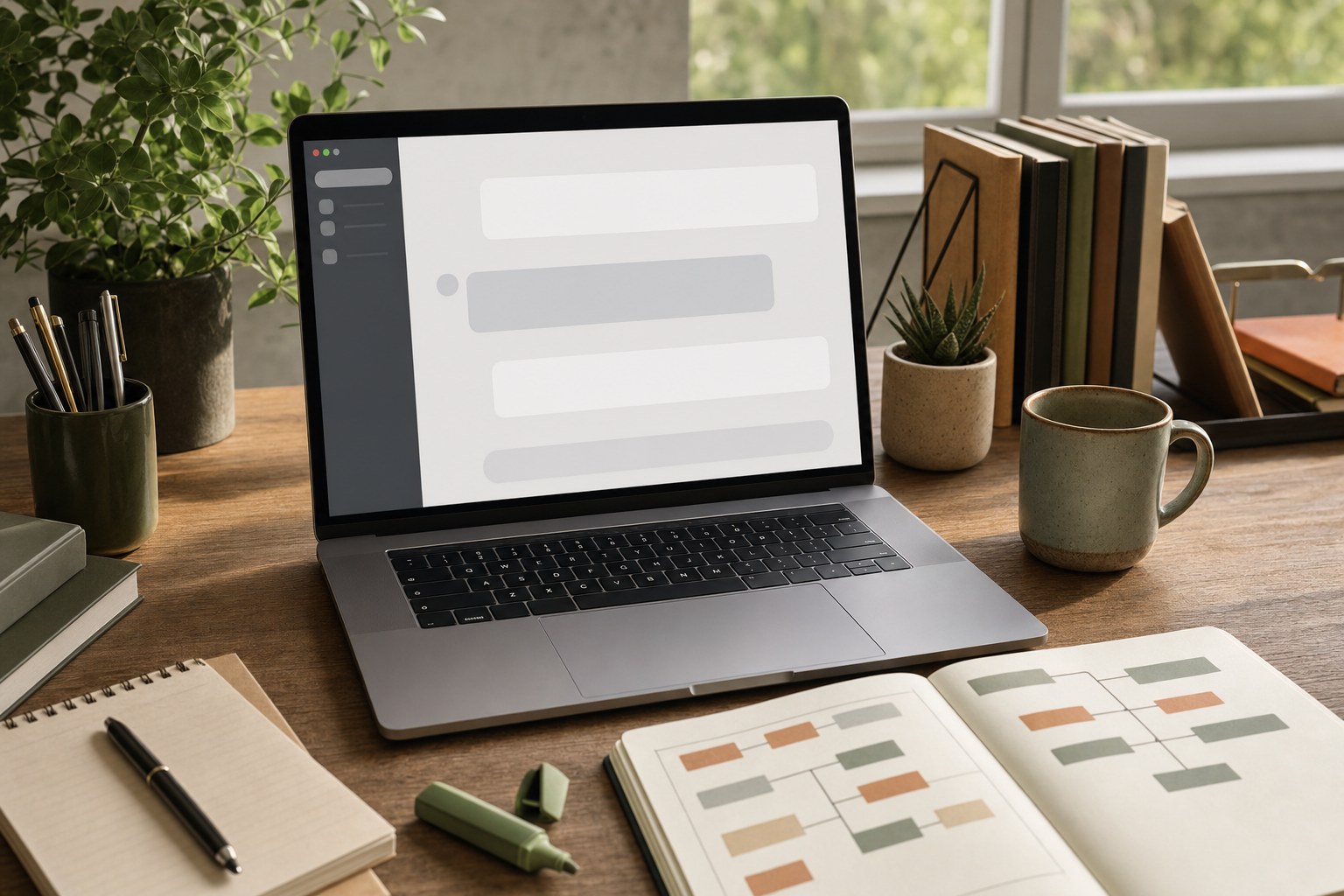Laptop, notebook, and office supplies arranged on a desk for focused work