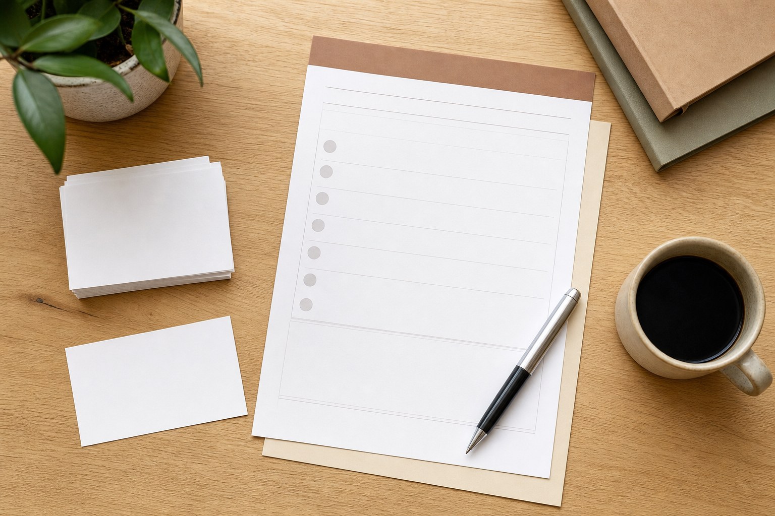 Blank project agenda and note cards arranged for a kickoff