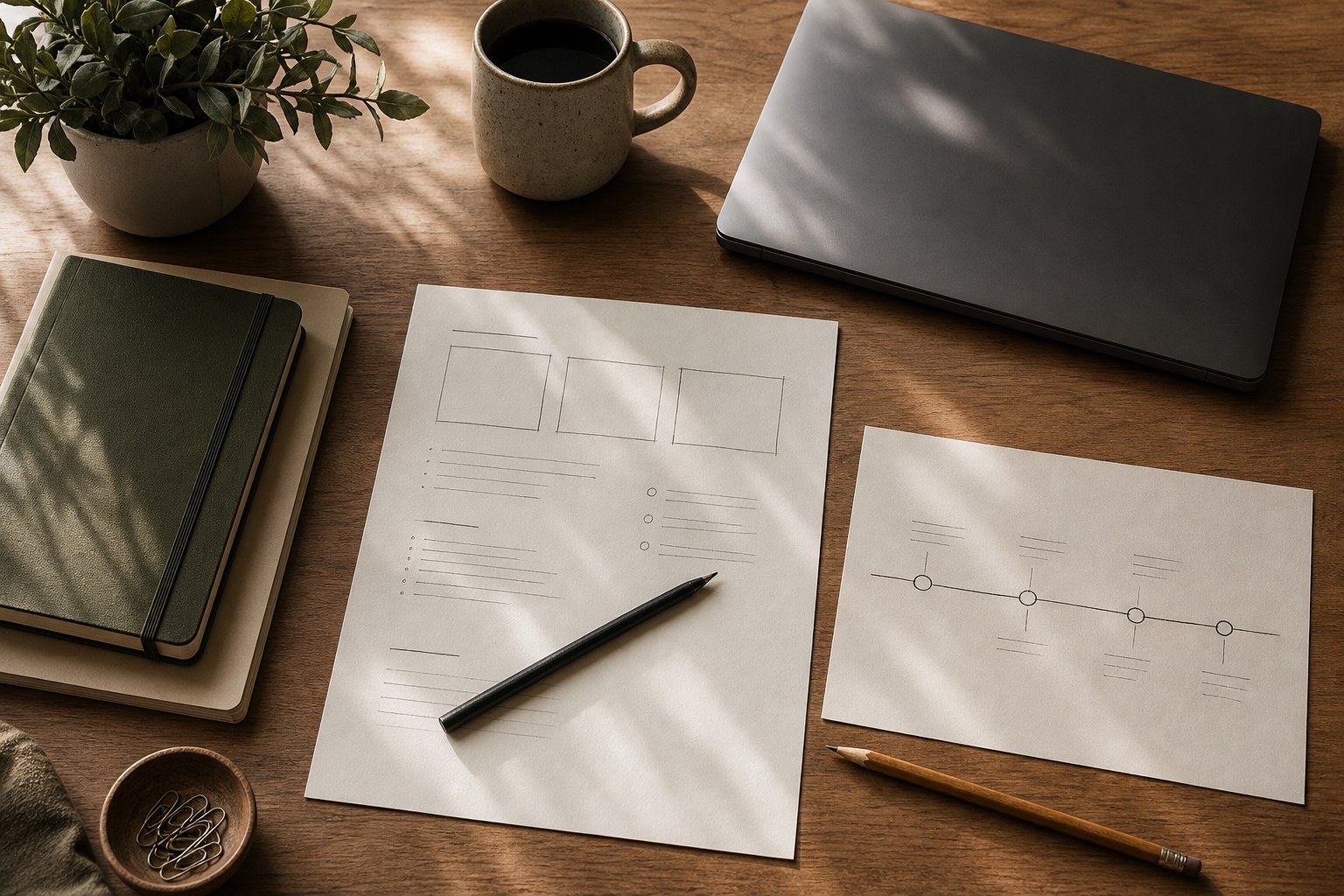 Project planning desk with a laptop, timeline, notebook, and coffee