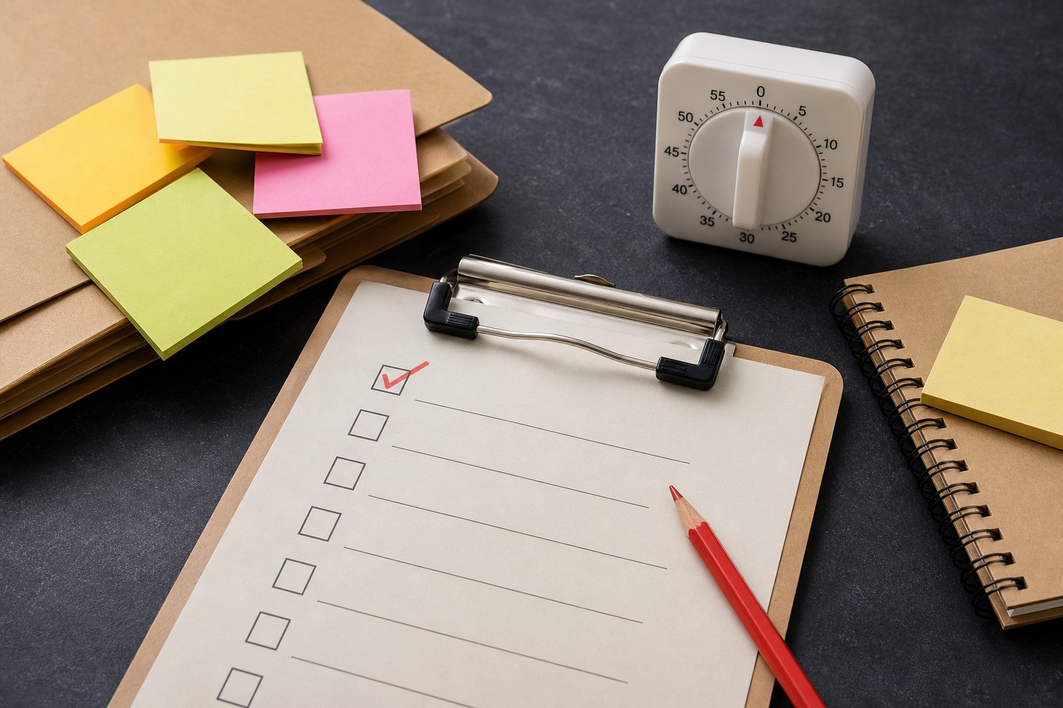 Project risk review materials with sticky notes, checklist, and timer