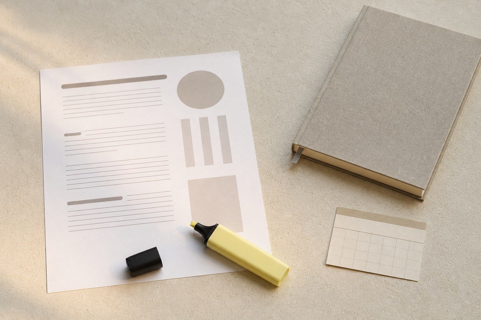 Status update worksheet with a highlighter, notebook, and calendar